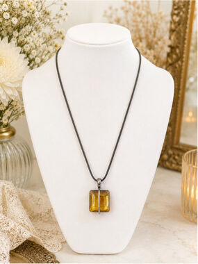 Vintage Smoky Amber Glass Pendant Necklace on Oxidized Metal Snake Chain